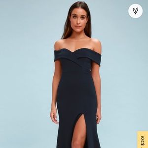 Long navy blue off the shoulder dress